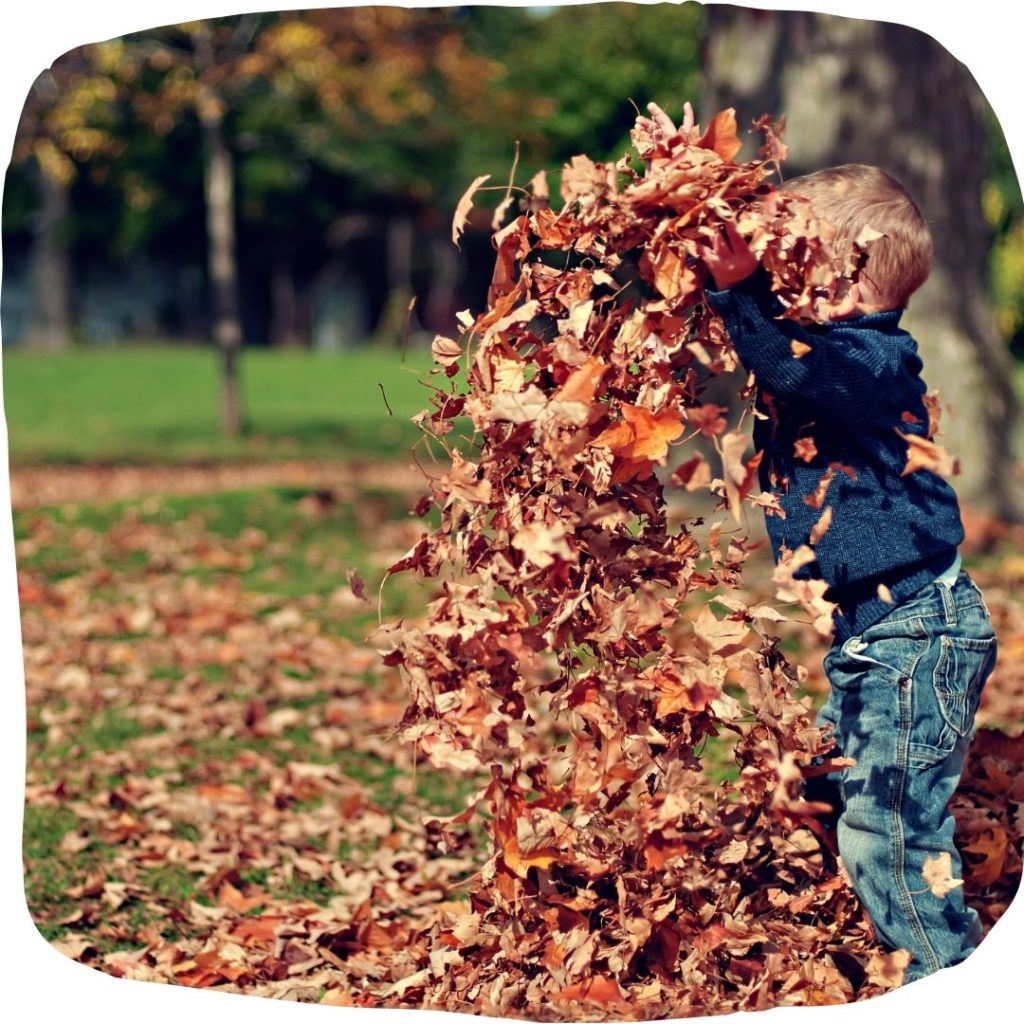Un bambino che gioca con le foglie
